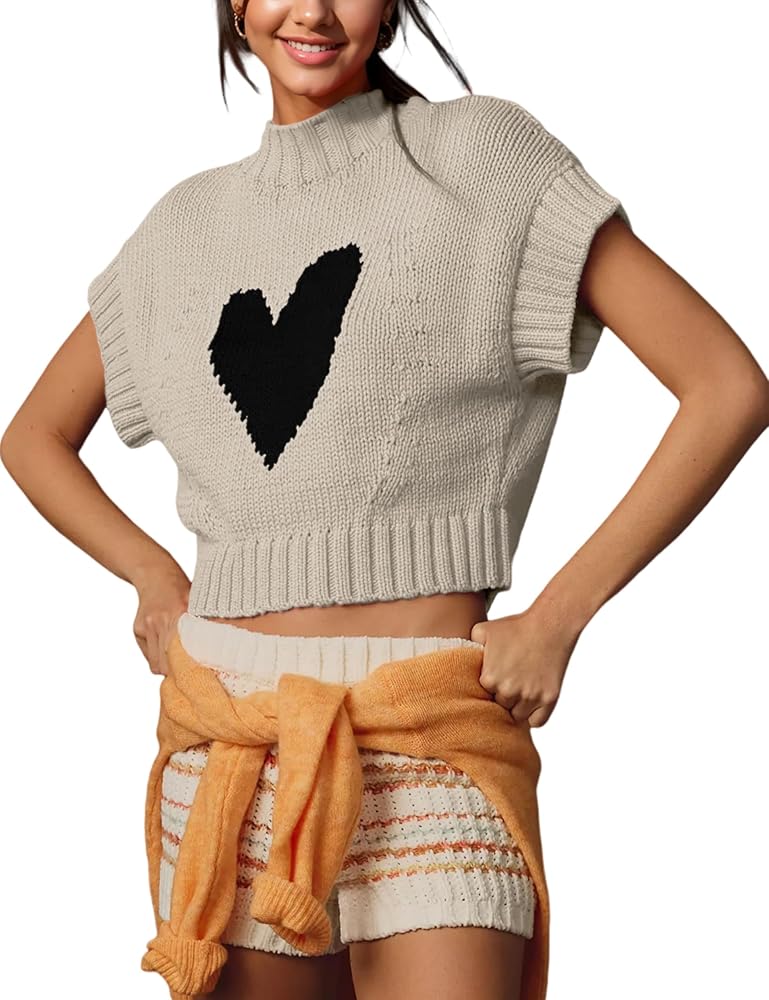 タグ付き未使用　Short Sleeve Knit Pullover Langwyqu Womens Short Sleeve Cropped Knit Tops Half Zip Cap